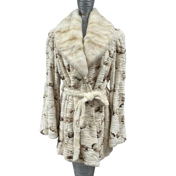 Grooved Ivory Sheared Mink Sections Fur Jacket with Rabbit Collar Tie Belt MED - Picture 1 of 12